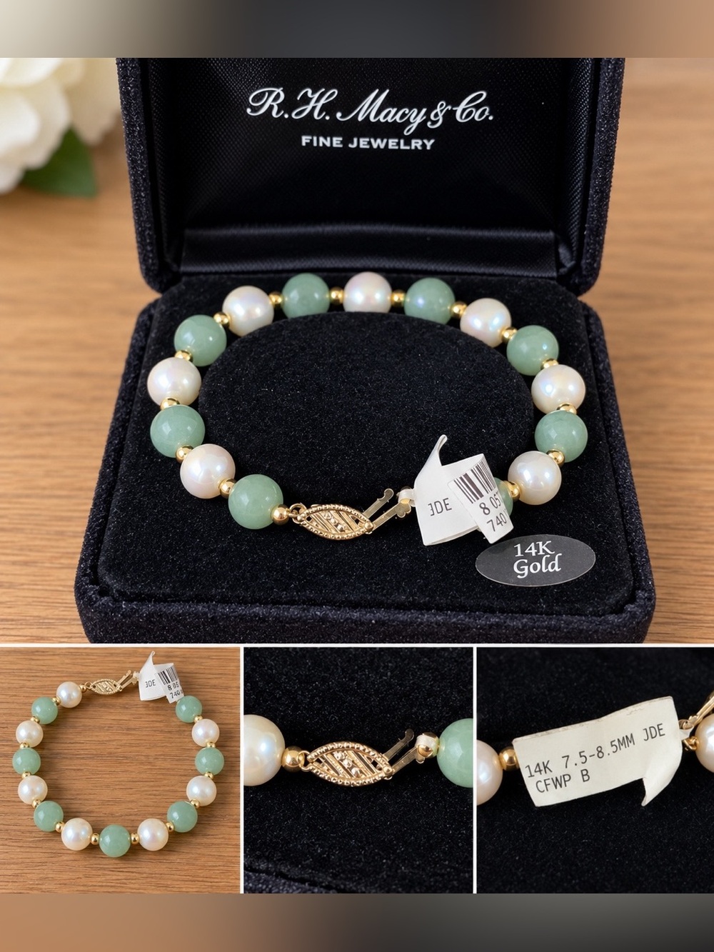 Macy's 14K Gold Green Jade and White Pearl Stretch Bracelet with Leaf Charm